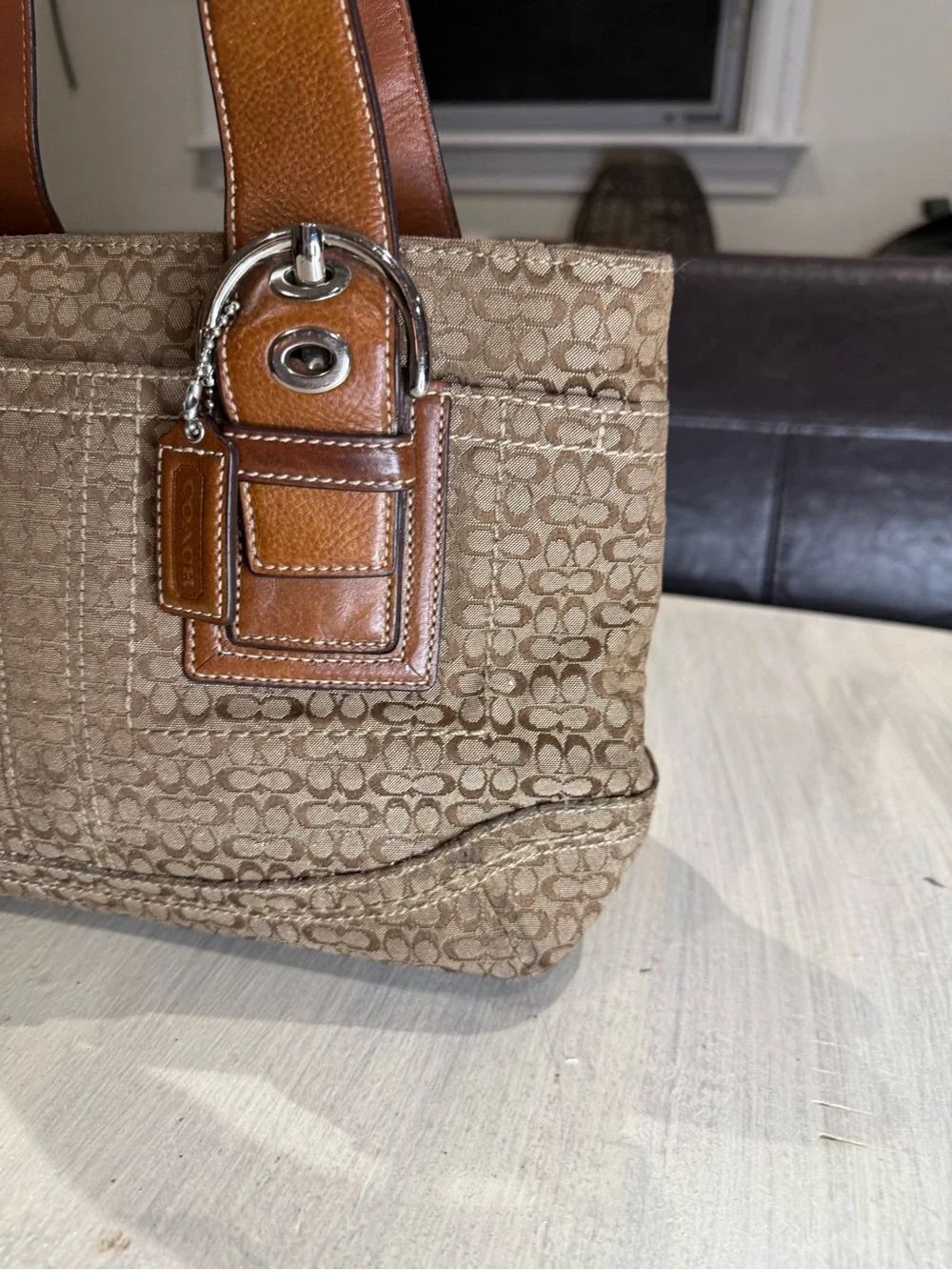 Coach SoHo Mini C Brown Signature Canvas Small Tote with Leather Trim